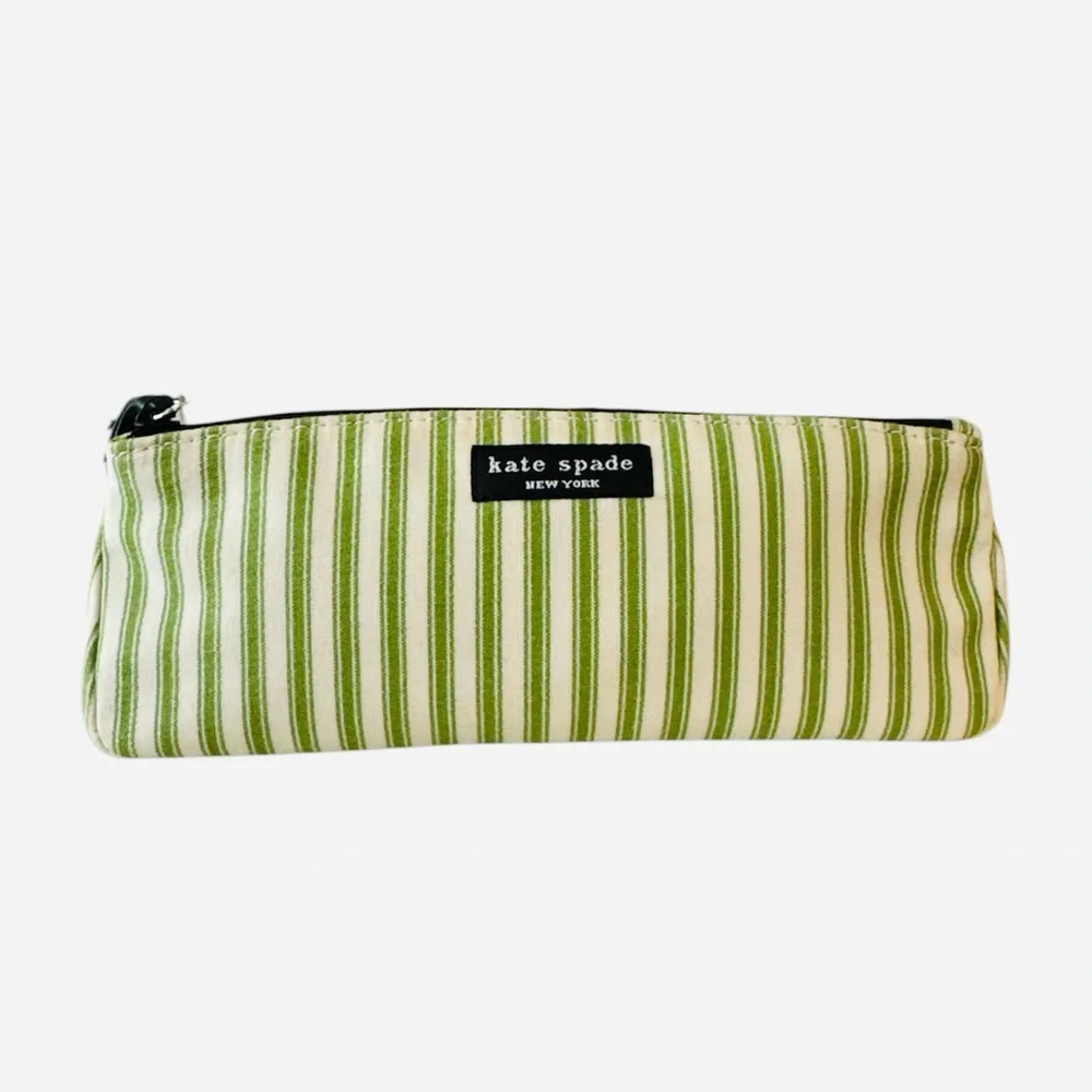 Kate Spade Vintage Pencil Case Green White Ticking Striped Canvas Preppy New